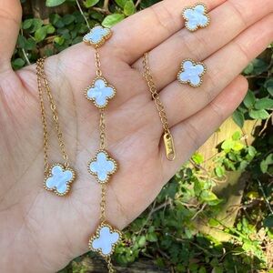 Gold and White Clover Pendant Necklace and Stud Earring Set